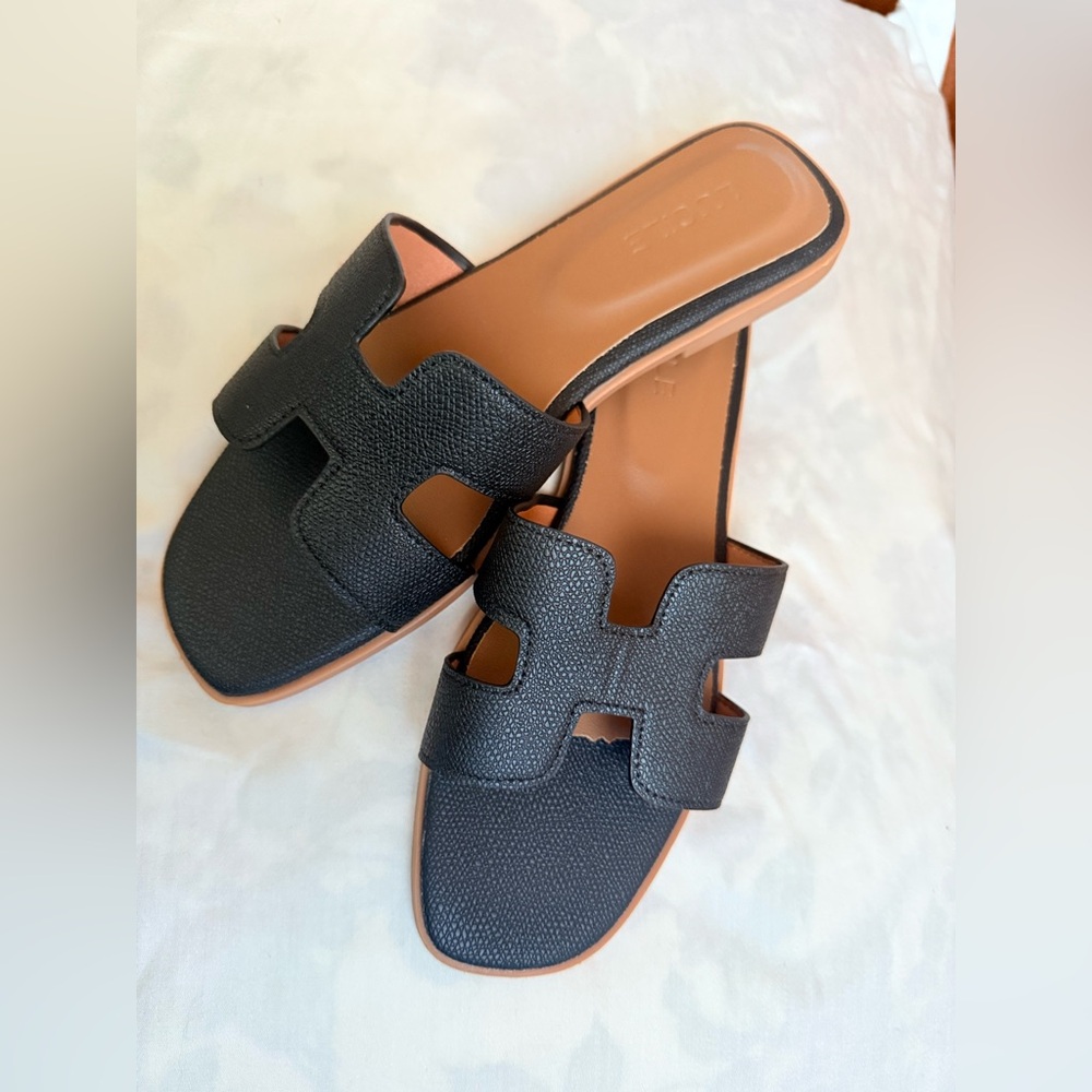 Black Leather Slide Sandals